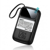 A black 120W portable power bank with a built-in carrying strap, featuring a white Chinese warning label on the front and a small light blue protective film on the top right corner, set against a clean white background with a subtle reflection.
