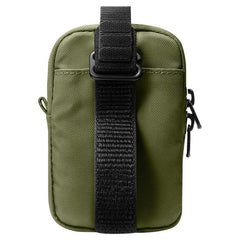 An olive green tactical crossbody pouch with a black webbed strap and black plastic buckle, shown against a plain white background.