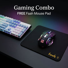 A gaming setup display featuring a black mouse pad with a black gaming mouse on it, alongside a partially visible keyboard with RGB backlighting. White text at the top reads 'Gaming Combo' and 'FREE Faah Mouse Pad', with the Faah logo in gold on the mouse pad.