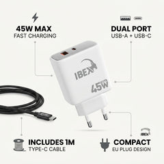 IBEX-06 45W Fast Charger Dual Port (USB-A + USB-C) with 1M Type-C Cable