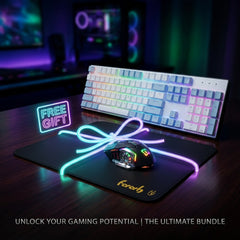 A gaming setup bundle featuring a black mouse pad with a glowing neon bow effect, a black gaming mouse, a white mechanical keyboard, and a floating 'FREE GIFT' sign on a dark desk.