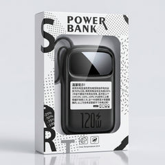 A 120W power bank in its retail packaging, featuring a black device with a built-in cable inside a clear plastic window on a white box with black graphic accents.