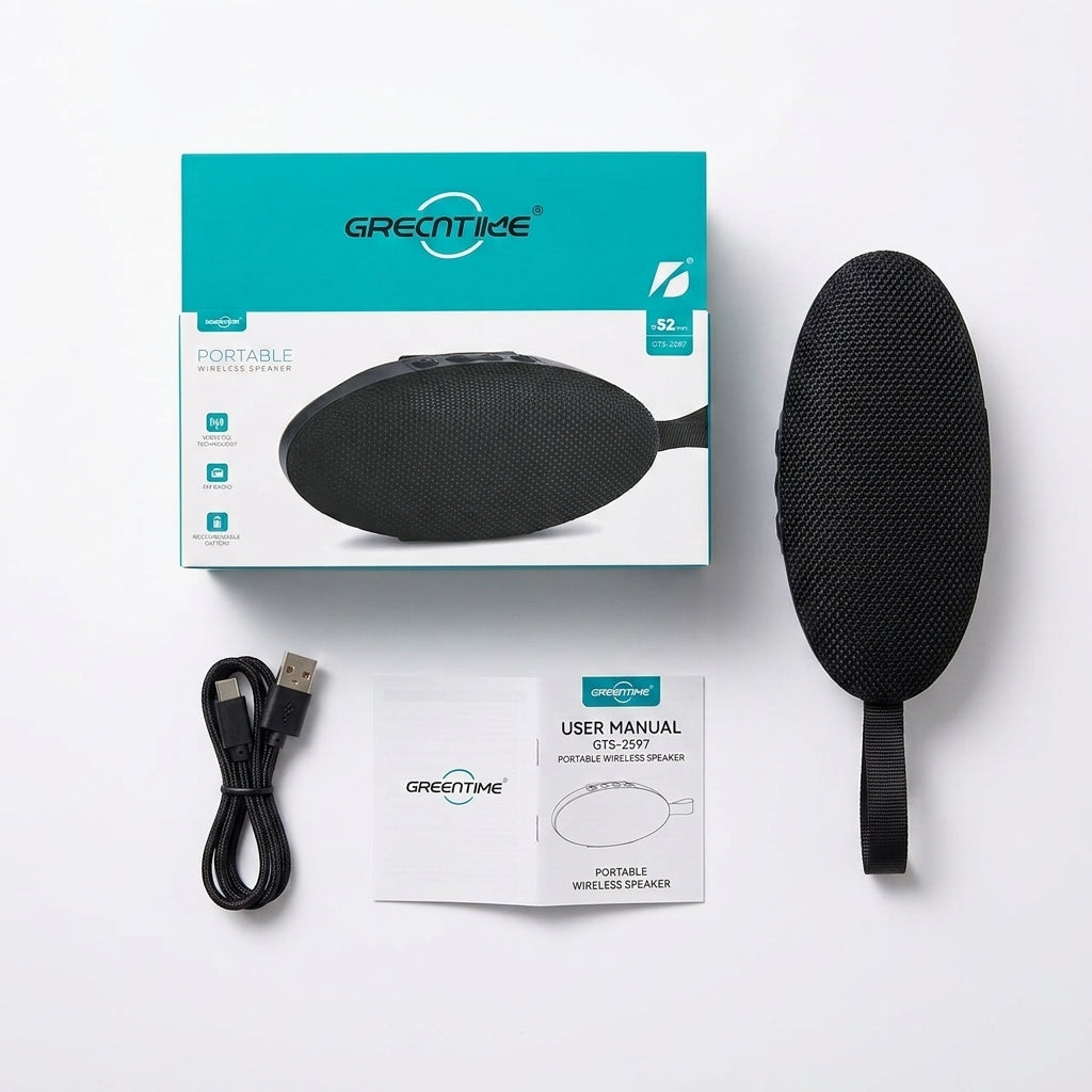 Greentide portable wireless speaker shown with its retail box, USB charging cable, and user manual on a clean white background.