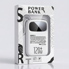 A white and black retail box for a portable power bank, shown on a clean light gray background. The front of the package features a clear window displaying a white power bank with a small black display screen and the text '120W' printed on it.