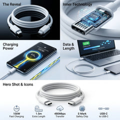 A promotional collage for a white USB-C to USB-C cable. The image features four panels showing the cable coiled, its internal copper traces, its charging power of 100W, and its data transfer speed of 480Mbps.