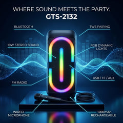 GTS Portable Wireless Bluetooth Karaoke Speaker with Wired Microphone | RGB LED Party Box | FM Radio | USB | TF Card | TWS | Rechargeable Bass Speaker