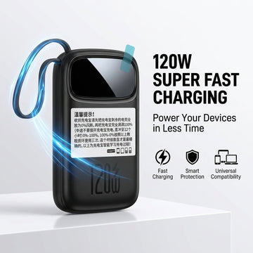 120W Fast Charging Power Bank with Built-in Cables & LED Display – High-Capacity Portable Charger for All Your Devices
