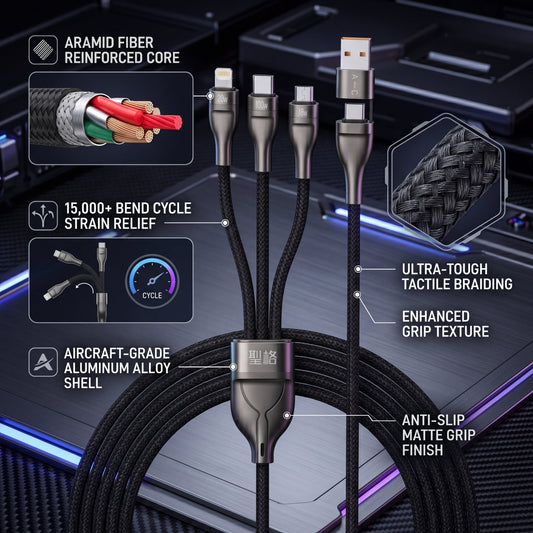 Flash Series II 3-in-2 100W Fast Charging Cable – USB-C, Lightning & Micro USB Multi Charging Cable