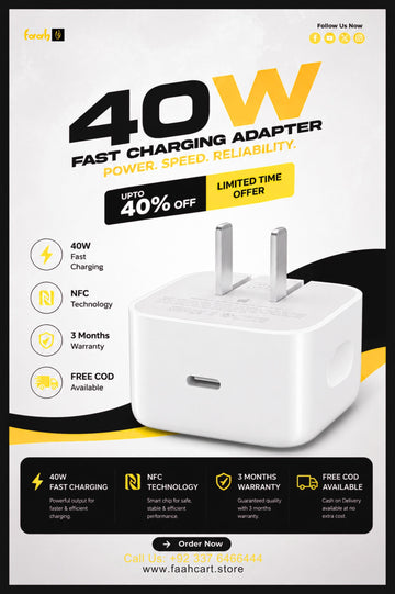40W Dynamic Power Adapter with 60W Max USB-C Fast Charger – Compact PD Charger for iPhone, iPad & USB-C Devices