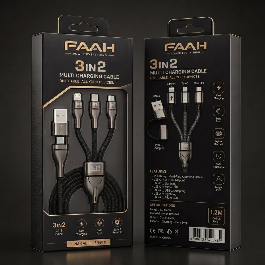 Flash Series II 3 in 2 200W Fast Charging Cable USB-C Lightning Micro USB