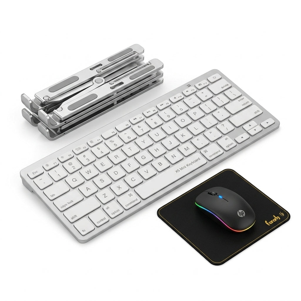 HP W10 Wireless RGB Mouse + X5 Bluetooth Keyboard + Adjustable Laptop Stand Combo with FREE Faah Mouse Pad