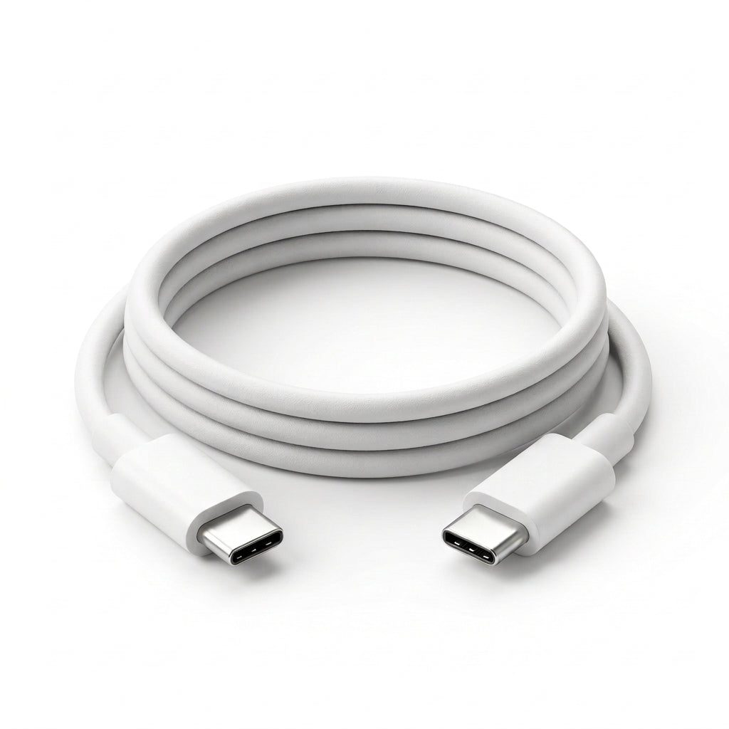 A white USB-C to USB-C cable coiled on a clean white background.