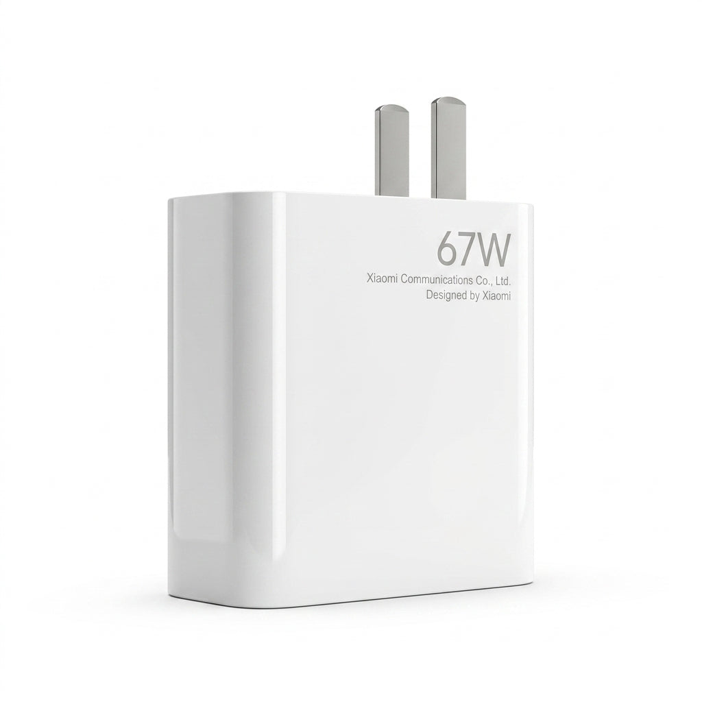 A white Xiaomi 67W wall charger with two silver metal pins, shown on a clean white background. The front of the charger features the text '67W', 'Xiaomi Communications Co.