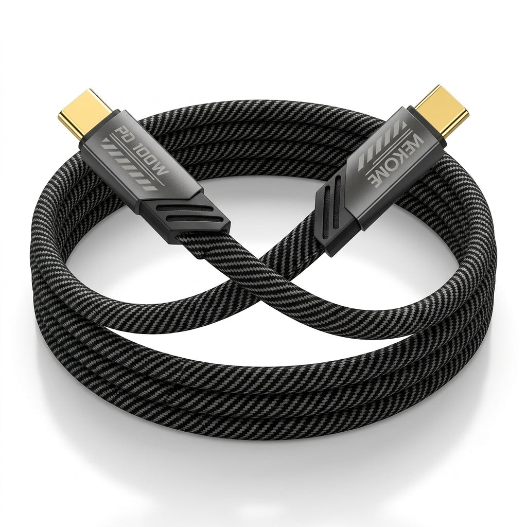 A coiled black braided HDMI cable with gold-toned USB-C connectors, featuring visible branding on the connector housings, set against a clean white background.
