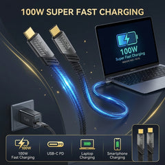 A 100W USB-C PD fast charging cable shown with two gold-plated connectors, a glowing blue cable graphic, a laptop displaying 100W charging, a wall outlet, and feature icons for laptop, smartphone, and PD charging. Text at the top reads '100W SUPER FAST CHARGING'.