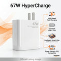 White Xiaomi 67W HyperCharge wall charger with plug, shown on a white background with orange graphic accents and feature callouts including high-speed charging, USB-C compatibility, smart chip, and PD compatible.