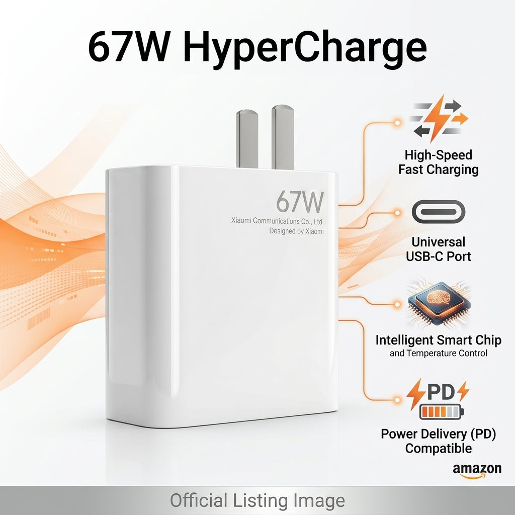 White Xiaomi 67W HyperCharge wall charger with plug, shown on a white background with orange graphic accents and feature callouts including high-speed charging, USB-C compatibility, smart chip, and PD compatible.