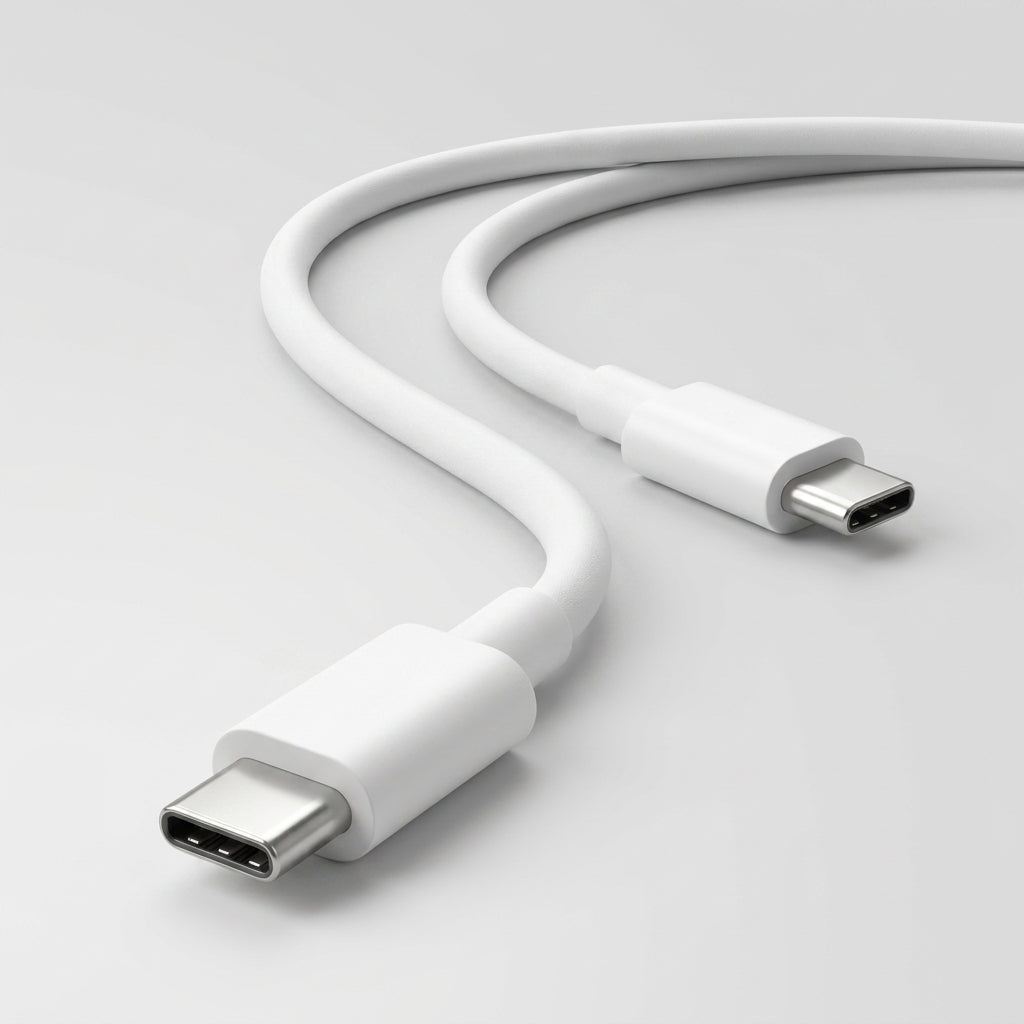 A white USB-C to USB-C cable coiled on a clean white background.