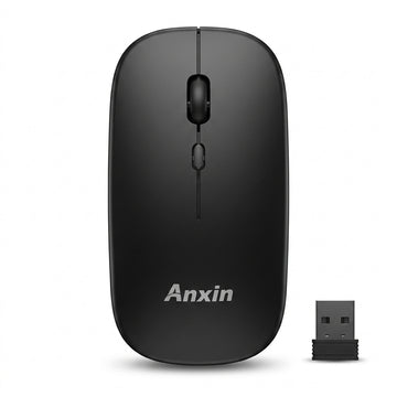 A black wireless computer mouse with the Anxin logo printed in silver on the front, shown alongside its small black USB receiver on a clean white background.