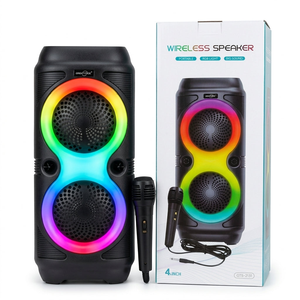GTS Portable Wireless Bluetooth Karaoke Speaker with Wired Microphone | RGB LED Party Box | FM Radio | USB | TF Card | TWS | Rechargeable Bass Speaker