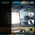 A super bright LED flood light emergency lantern shown in a promotional infographic with feature callouts such as emergency light, home use, outdoor use, wide illumination, USB rechargeable port, multi-mode remote control, convenient hanging hook, and auto-charging solar panel.