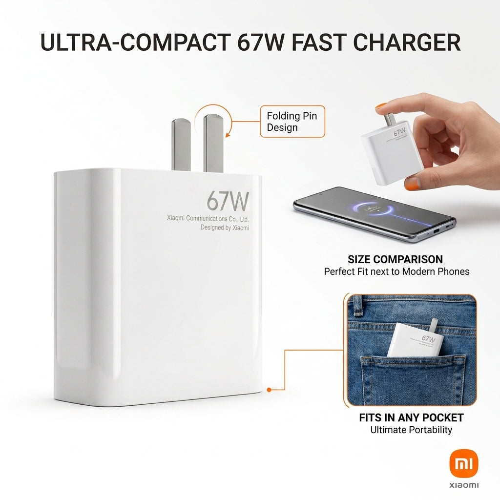White Xiaomi ultra-compact 67W fast charger shown on a light gray background with feature callouts, including a hand holding a smaller matching charger, a smartphone on a wireless pad, and a pocket-fit inset.