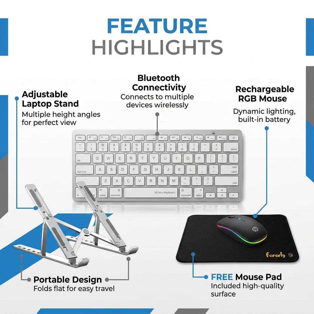 Feature highlights infographic for a wireless keyboard and mouse set with an adjustable laptop stand, showing labeled callouts for Bluetooth connectivity, rechargeable RGB mouse, adjustable laptop stand, portable design, and free mouse pad on a white background.