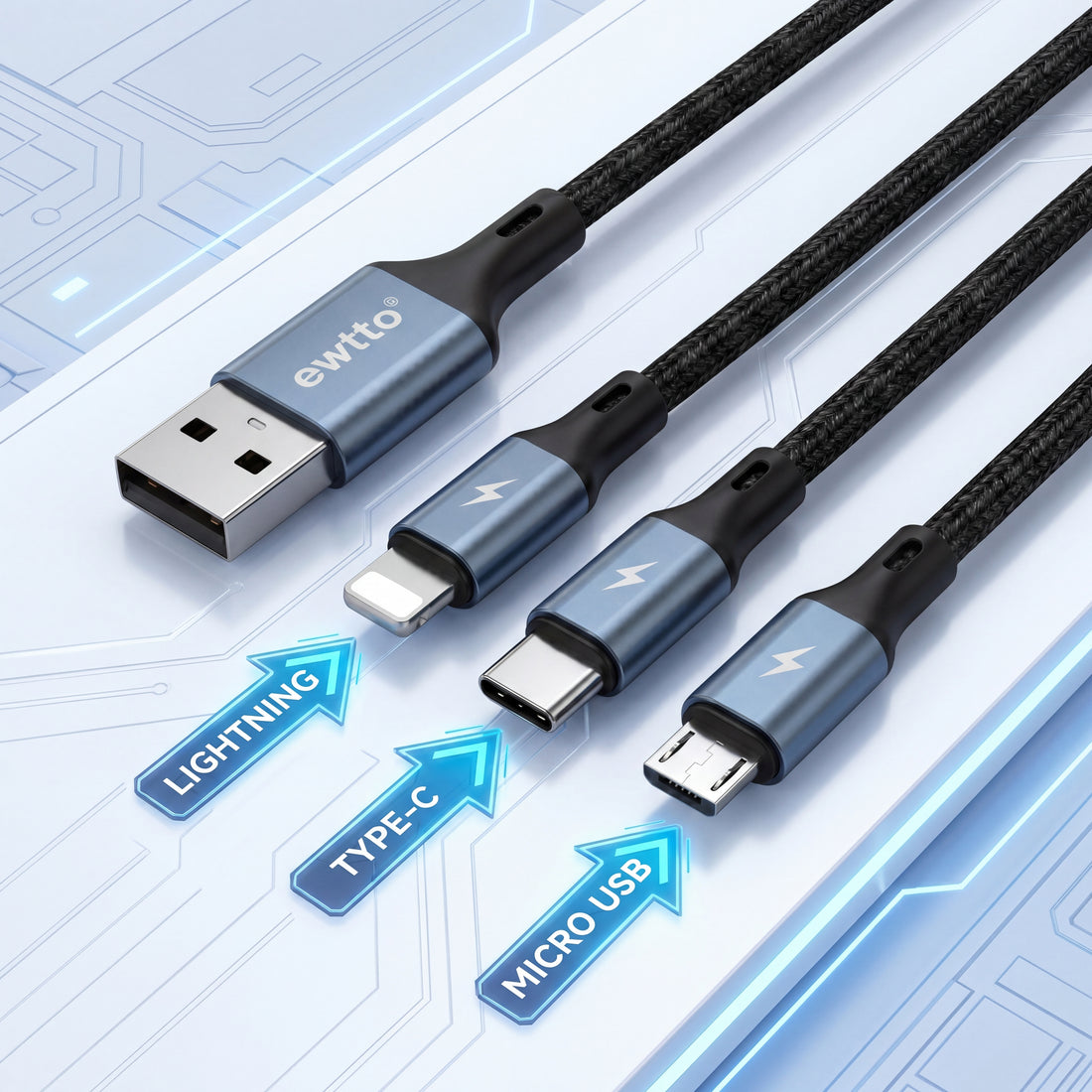 Ewtto 3 in 1 Fast Charging Data Cable USB-C Lightning Micro USB 1.2m