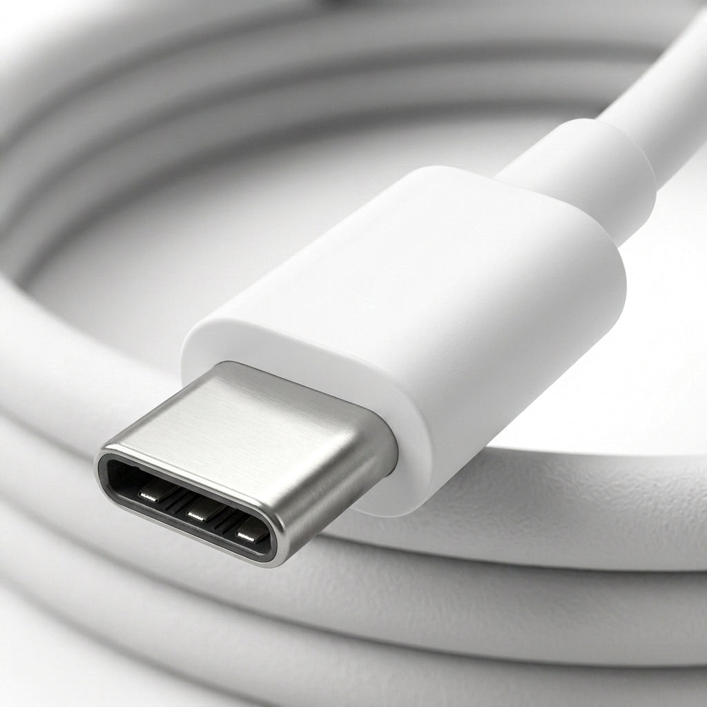 A close-up of a white USB-C cable with a white connector housing and a silver metal USB-C port, shown against a white background with the cable coiled behind it.
