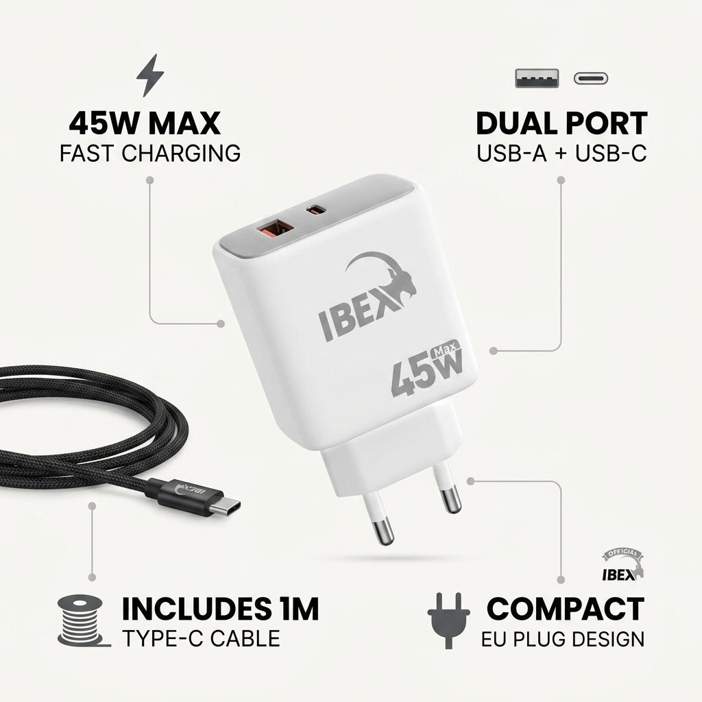 IBEX-06 45W Fast Charger Dual Port (USB-A + USB-C) with 1M Type-C Cable