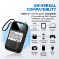 A black 120W portable power bank with a carrying strap, shown on a light blue and white background with text highlighting universal compatibility with smartphones, tablets, laptops, earbuds, smartwatches, gaming consoles, cameras, speakers, and USB-C devices.