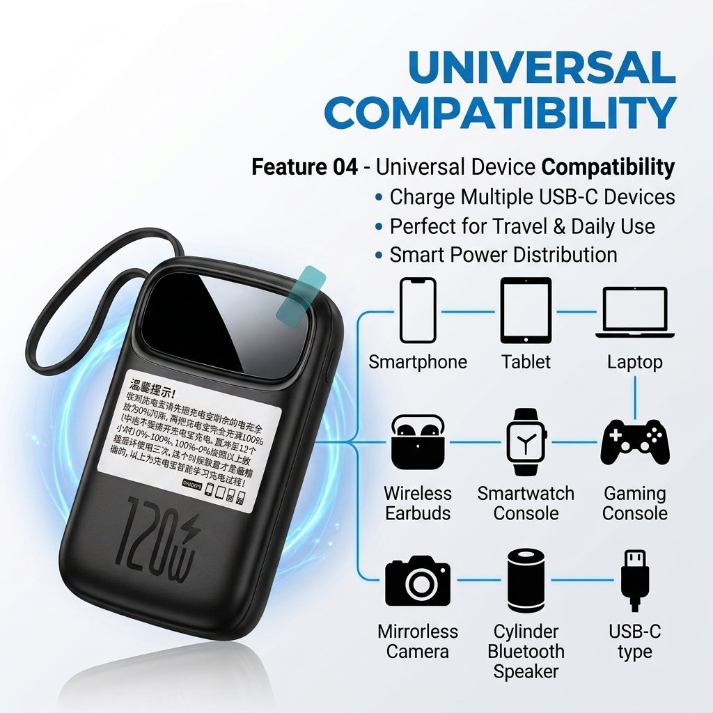 A black 120W portable power bank with a carrying strap, shown on a light blue and white background with text highlighting universal compatibility with smartphones, tablets, laptops, earbuds, smartwatches, gaming consoles, cameras, speakers, and USB-C devices.