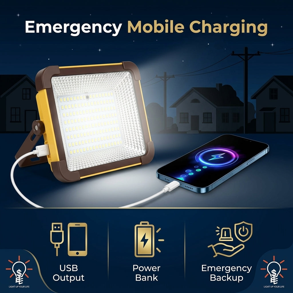 Emergency mobile charging light shown with a smartphone connected via USB, set against a night-sky background with houses. Large text reads 'Emergency Mobile Charging,' and feature icons below mention USB output, power bank, and emergency backup.