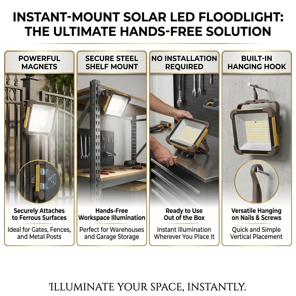 An infographic-style product explainer for an instant-mount solar LED floodlight. The top headline reads 'INSTANT-MOUNT SOLAR LED FLOODLIGHT: THE ULTIMATE HANDS-FREE SOLUTION.