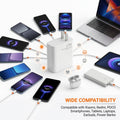 A white 67W portable power bank charger shown in a clean studio setup, surrounded by multiple smartphones, a laptop, tablets, earbuds in a charging case, and a white portable power bank. Orange cables connect the devices, with compatibility text reading 'WIDE COMPATIBILITY' and listing Xiaomi, Redmi, POCO, tablets, laptops, earbuds, and power banks.