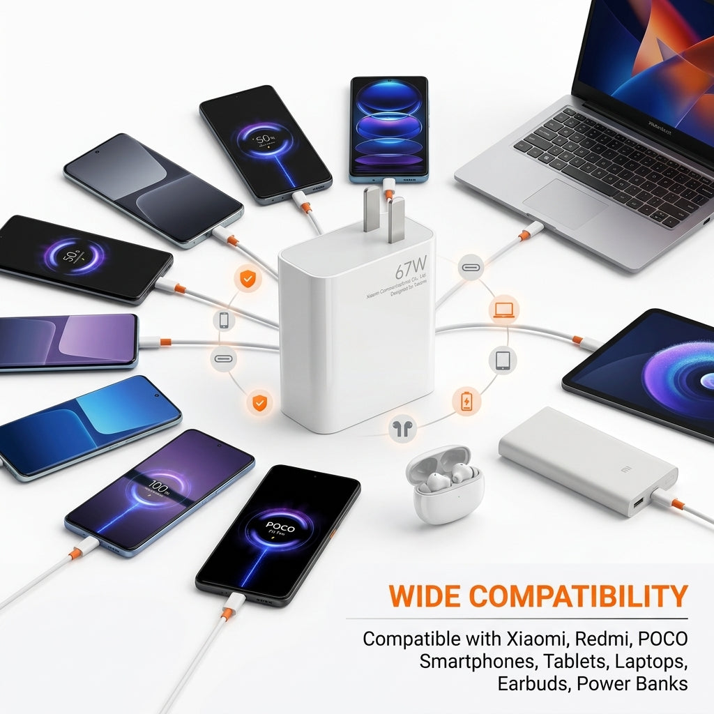 A white 67W portable power bank charger shown in a clean studio setup, surrounded by multiple smartphones, a laptop, tablets, earbuds in a charging case, and a white portable power bank. Orange cables connect the devices, with compatibility text reading 'WIDE COMPATIBILITY' and listing Xiaomi, Redmi, POCO, tablets, laptops, earbuds, and power banks.