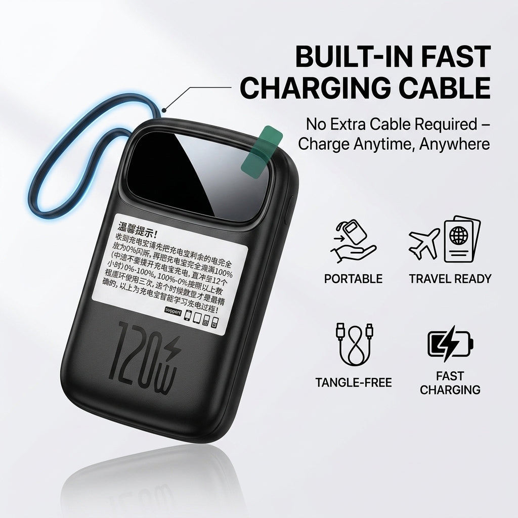 A black portable power bank with a built-in charging cable and wrist strap, shown on a light gray background with promotional text and feature icons for portability, travel readiness, tangle-free cable, and fast charging.