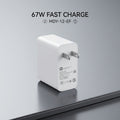 A white 67W fast charging wall adapter with a US plug, shown on a reflective gray surface with text overlay reading '67W FAST CHARGE MDY-12-EF'.