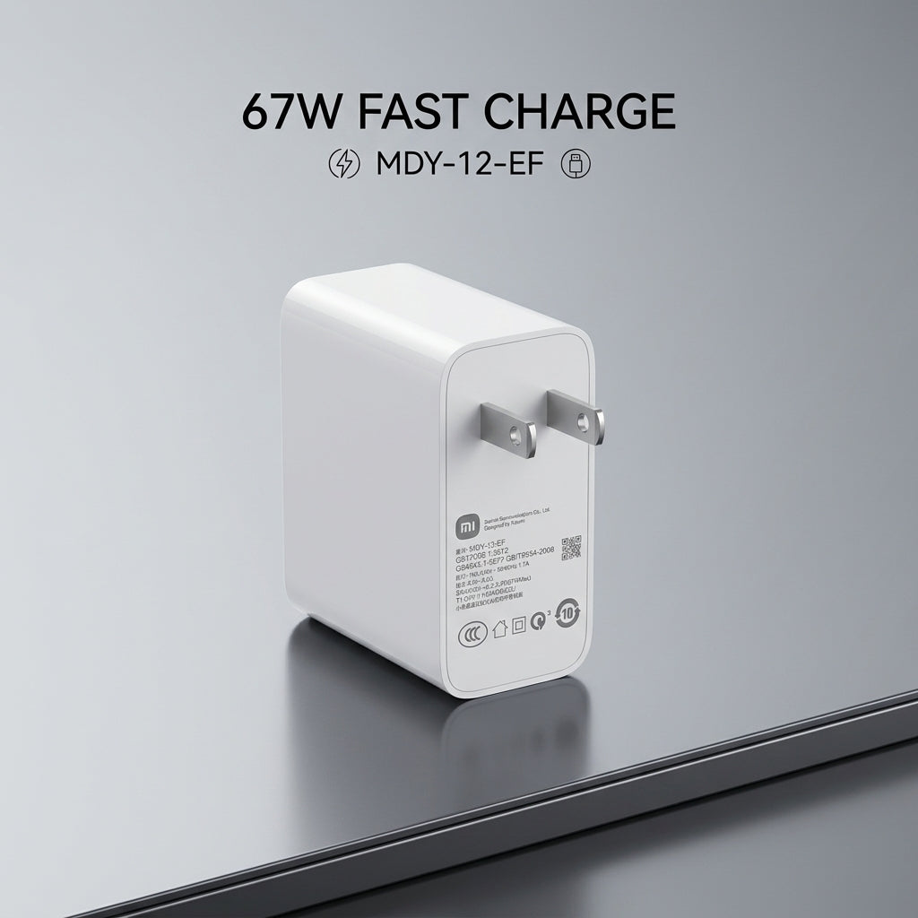 A white 67W fast charging wall adapter with a US plug, shown on a reflective gray surface with text overlay reading '67W FAST CHARGE MDY-12-EF'.