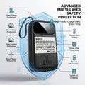 A black portable power bank with a blue translucent protective shell, shown with callout lines and text listing features such as over charge protection, temperature control, smart chip protection, battery protection, and safe fast charging.