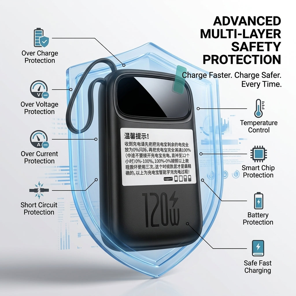 A black portable power bank with a blue translucent protective shell, shown with callout lines and text listing features such as over charge protection, temperature control, smart chip protection, battery protection, and safe fast charging.