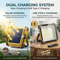 A dual charging system product graphic showing a yellow and black solar-powered LED light stand on a table. The left half demonstrates solar charging with sun rays and battery indicator callouts, and the right half shows USB Type-C charging with a cable, remote, and battery indicator callout.