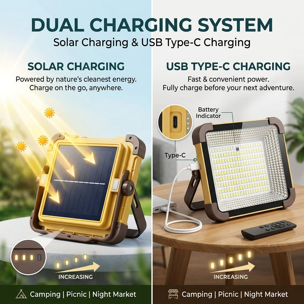 A dual charging system product graphic showing a yellow and black solar-powered LED light stand on a table. The left half demonstrates solar charging with sun rays and battery indicator callouts, and the right half shows USB Type-C charging with a cable, remote, and battery indicator callout.