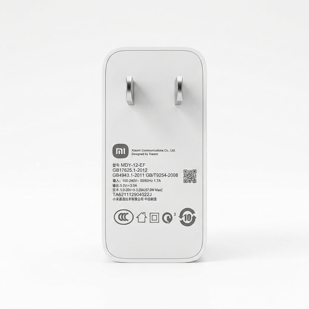 A white Xiaomi 67W wall charger with two silver metal pins, shown on a clean white background. The front of the charger features the text '67W', 'Xiaomi Communications Co.