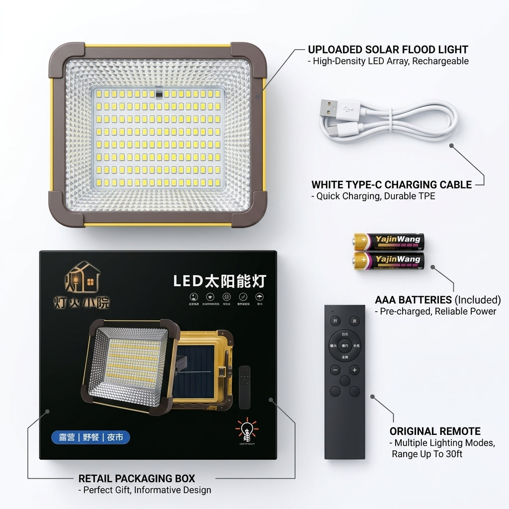 Solar flood light kit with a rectangular solar panel light, white charging cable, two AAA batteries, retail packaging box, and remote control, all labeled with feature callouts on a white background.