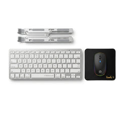 A wireless computer setup set featuring a compact white keyboard, a matching white mouse on a black mouse pad, and two silver metal monitor arms, arranged on a plain white background.