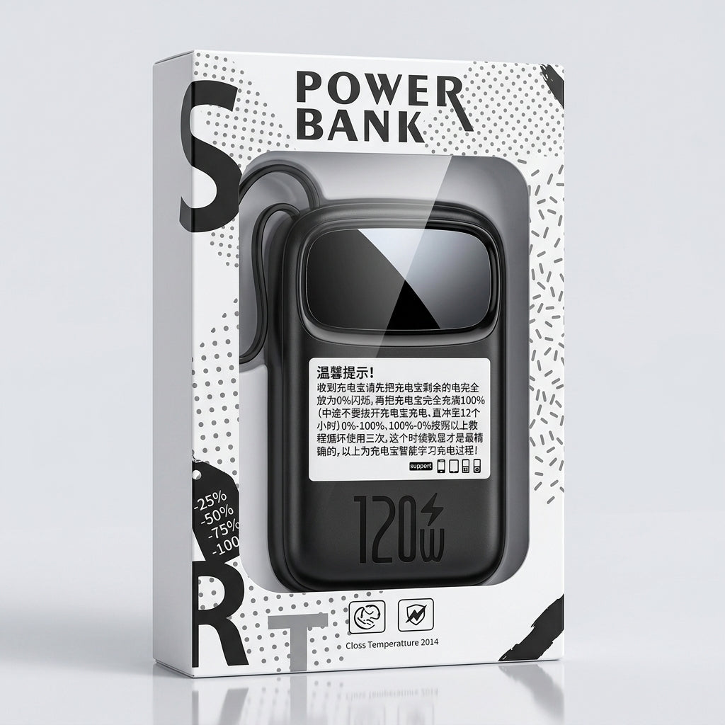 A black 120W portable power bank with a built-in carrying strap, featuring a white Chinese warning label on the front and a small light blue protective film on the top right corner, set against a clean white background with a subtle reflection.
