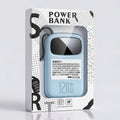 A light blue portable power bank in its retail packaging, featuring a clear plastic window on the box that displays the product. The packaging is white with black graphic accents and text, including 'POWER BANK' and '120W'.