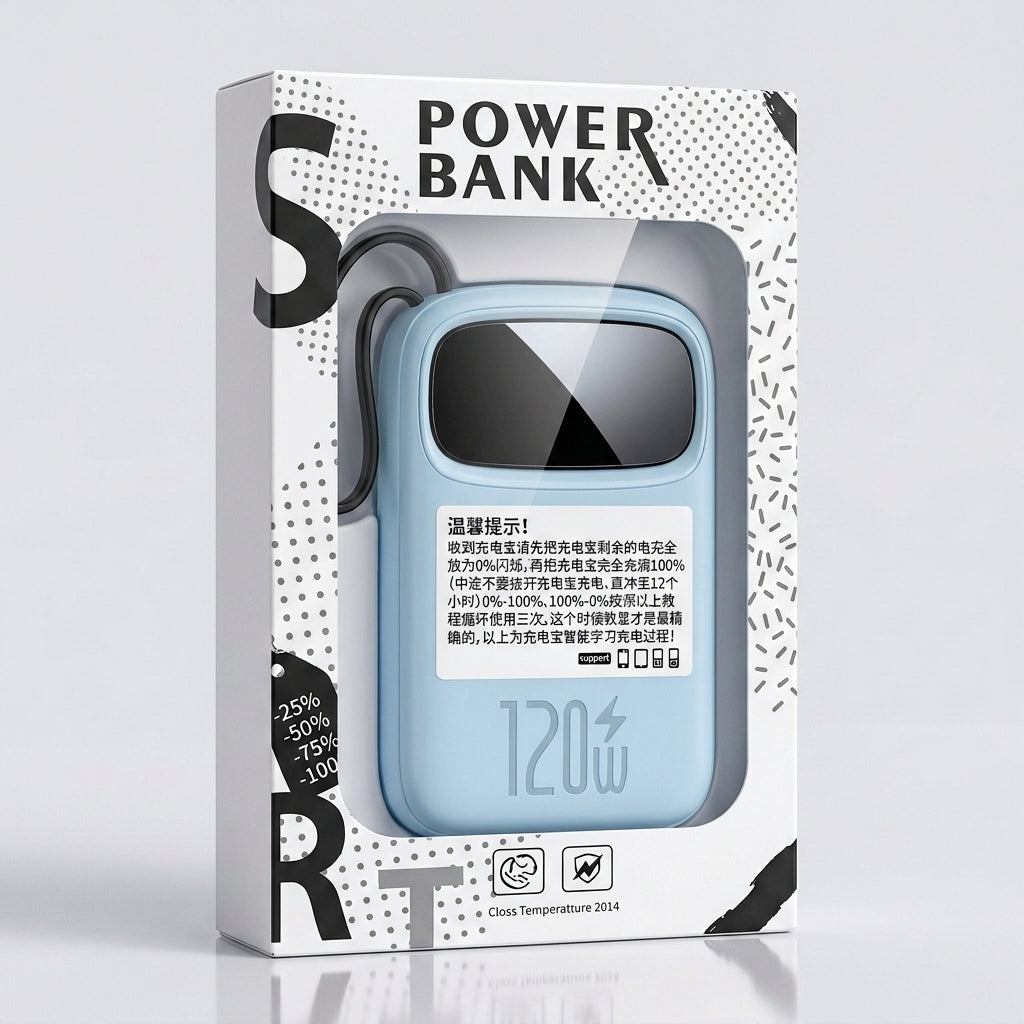A light blue portable power bank in its retail packaging, featuring a clear plastic window on the box that displays the product. The packaging is white with black graphic accents and text, including 'POWER BANK' and '120W'.