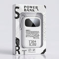 A white and black retail box for a portable power bank, shown on a clean light gray background. The front of the package features a clear window displaying a white power bank with a small black display screen and the text '120W' printed on it.
